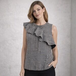 Dolan Left Coast Collection Top Women M Black White Houndstooth Ruffle Romantic
